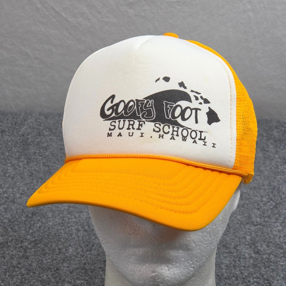 Goofy Foot Surf School Trucker Hat Yellow White Maui Hawaii Surf Skater Y2K